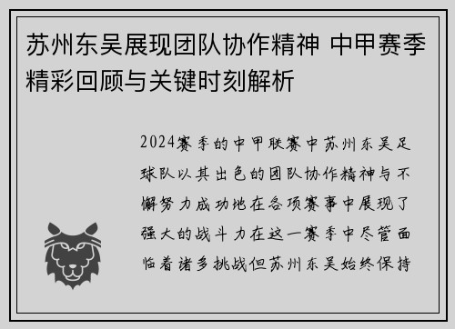 苏州东吴展现团队协作精神 中甲赛季精彩回顾与关键时刻解析