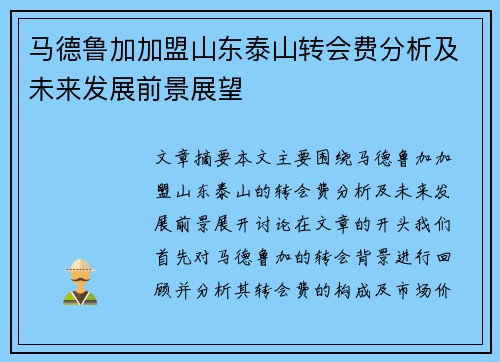 马德鲁加加盟山东泰山转会费分析及未来发展前景展望