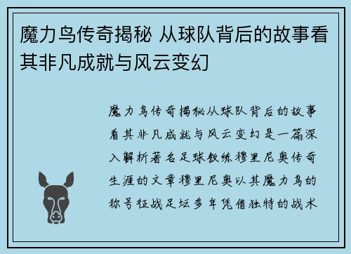 魔力鸟传奇揭秘 从球队背后的故事看其非凡成就与风云变幻 魔力鸟传奇揭秘 从球队背后的故事看其非凡成就与风云变幻