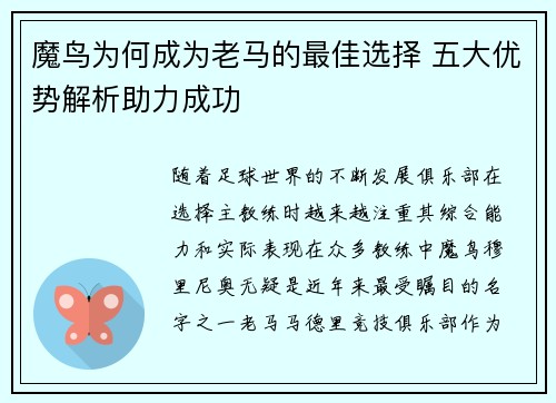 魔鸟为何成为老马的最佳选择 五大优势解析助力成功