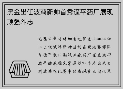黑金出任波鸿新帅首秀逼平药厂展现顽强斗志